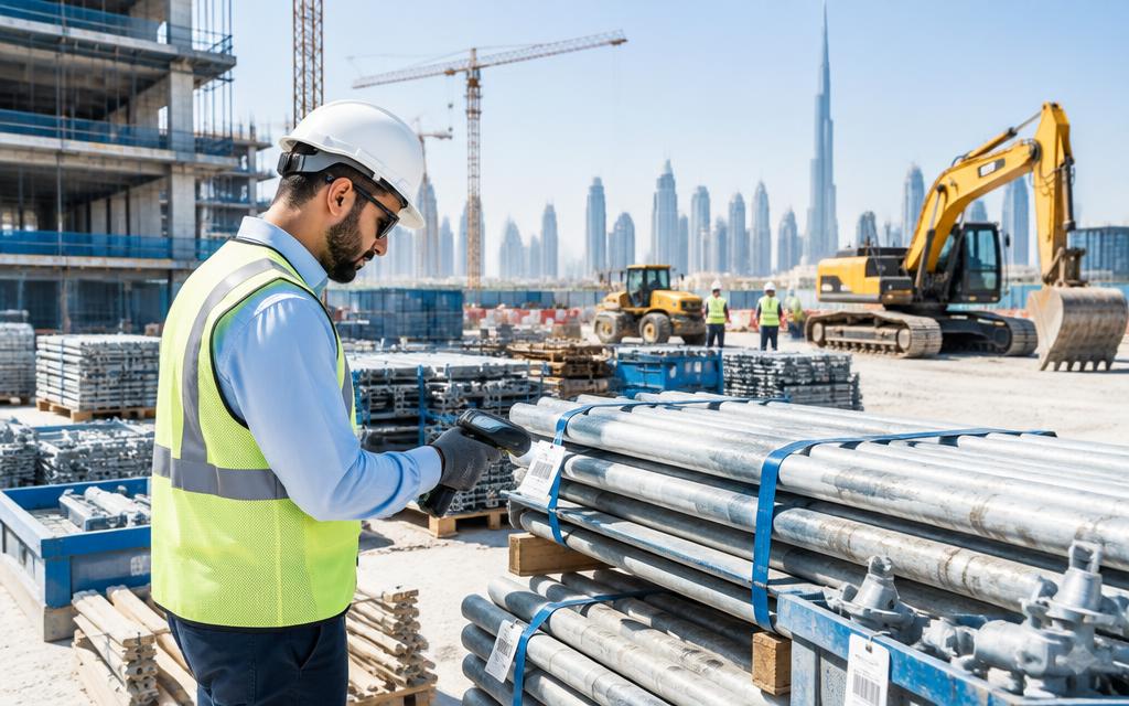 Construction specialist scanning materials at a Dubai worksite