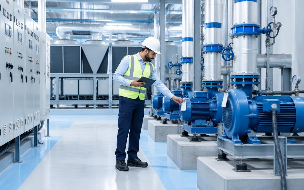 Facilities engineer inspecting tagged mechanical equipment