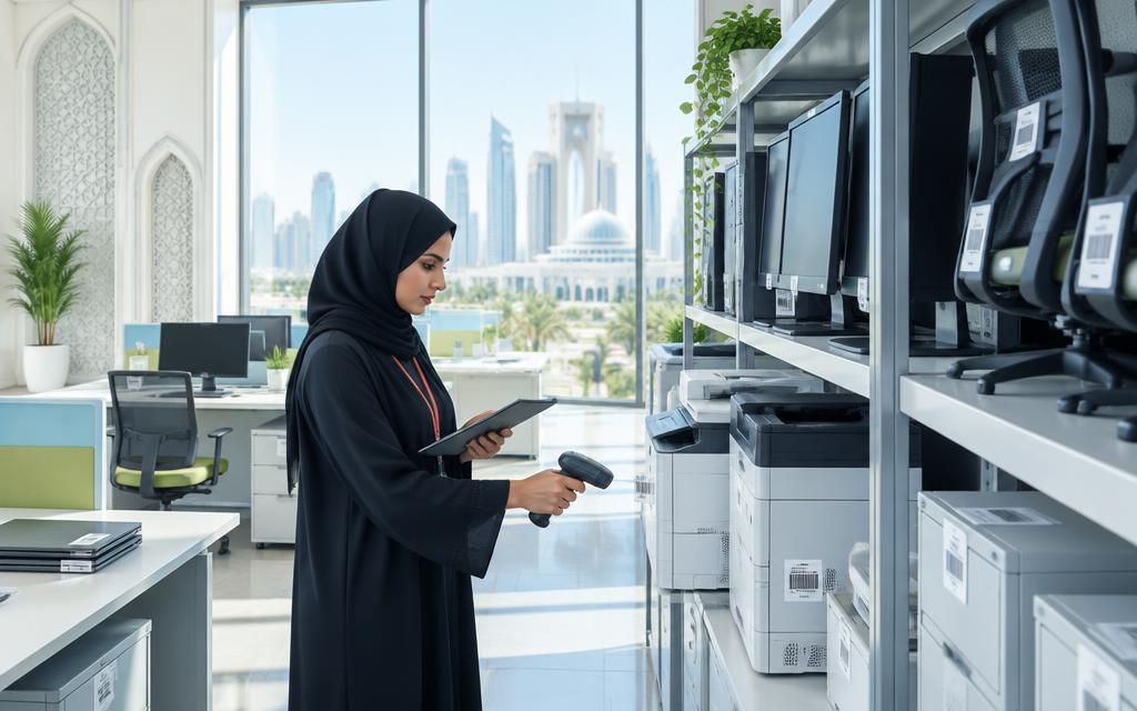 Government asset specialist scanning office equipment in the UAE
