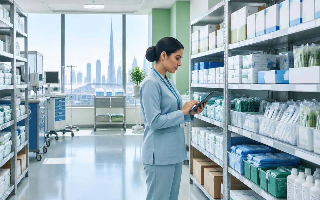 Healthcare professional checking medical supplies in a Dubai hospital storeroom