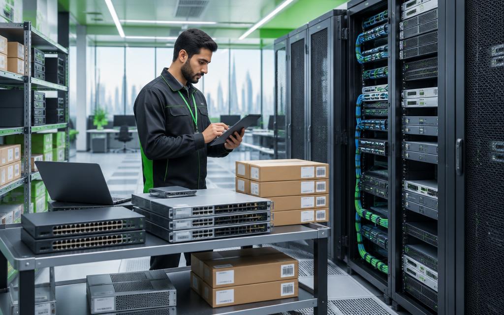 Technician cataloguing servers and network equipment in a UAE data centre