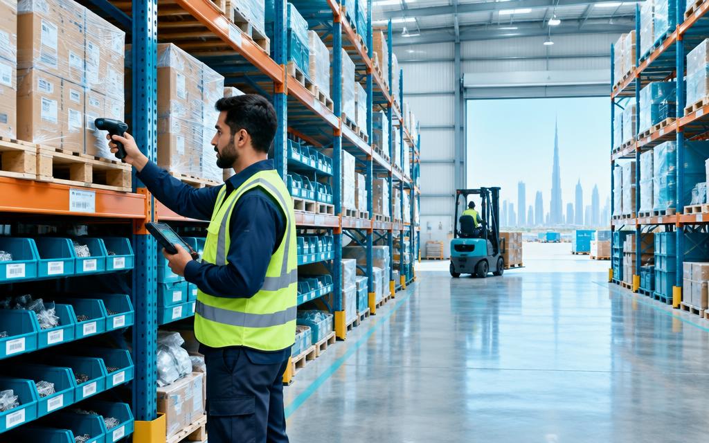 Warehouse specialist scanning inventory in a Dubai logistics hub